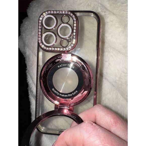 LXK Pink Glitter Clear Phone Case w/ Ring Holder and rhinestone iPhone 15 pro - Picture 6 of 12